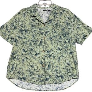 DPS Petite Womens Large Green Floral Rayon Short Sleeve Button Up Camp Shirt L